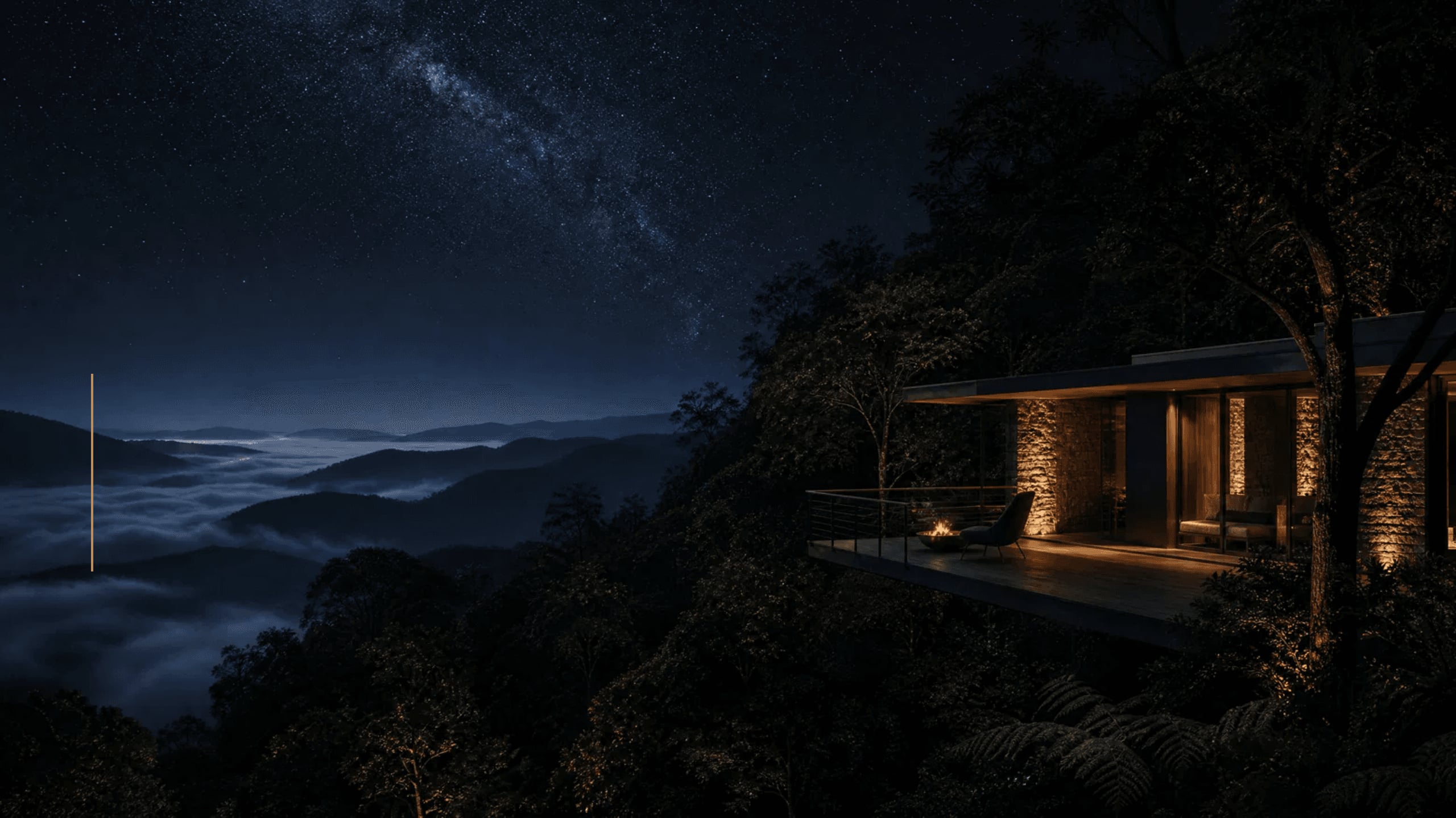 Céu estrelado sobre a serra, com o vale tomado por nuvens abaixo da suíte
