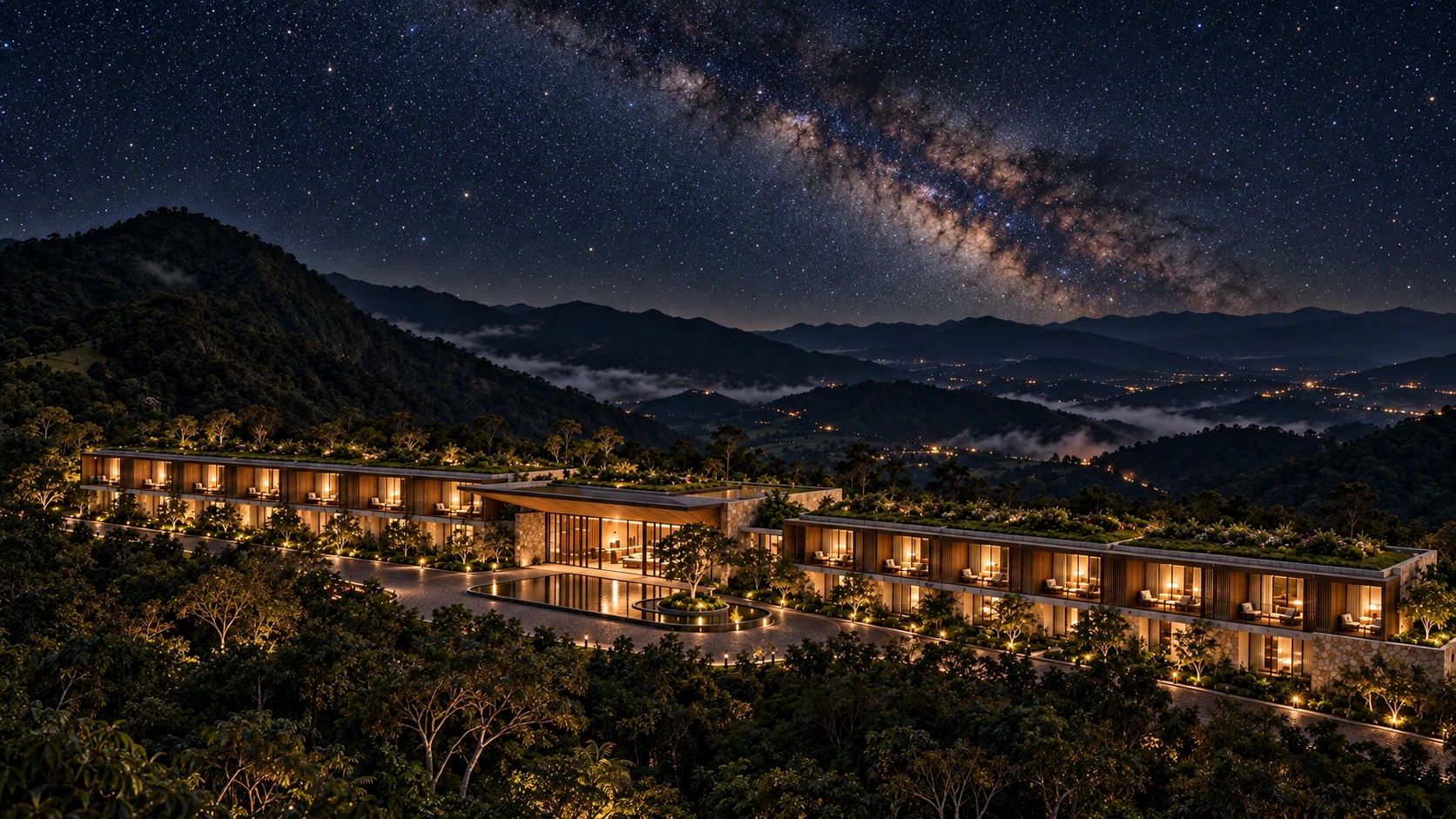 O hotel sob um céu estrelado sobre a serra