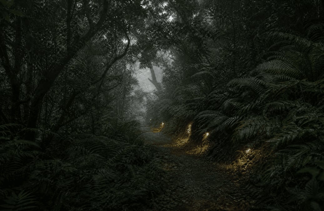 Mata nativa densa da Mantiqueira com trilha iluminada ao entardecer