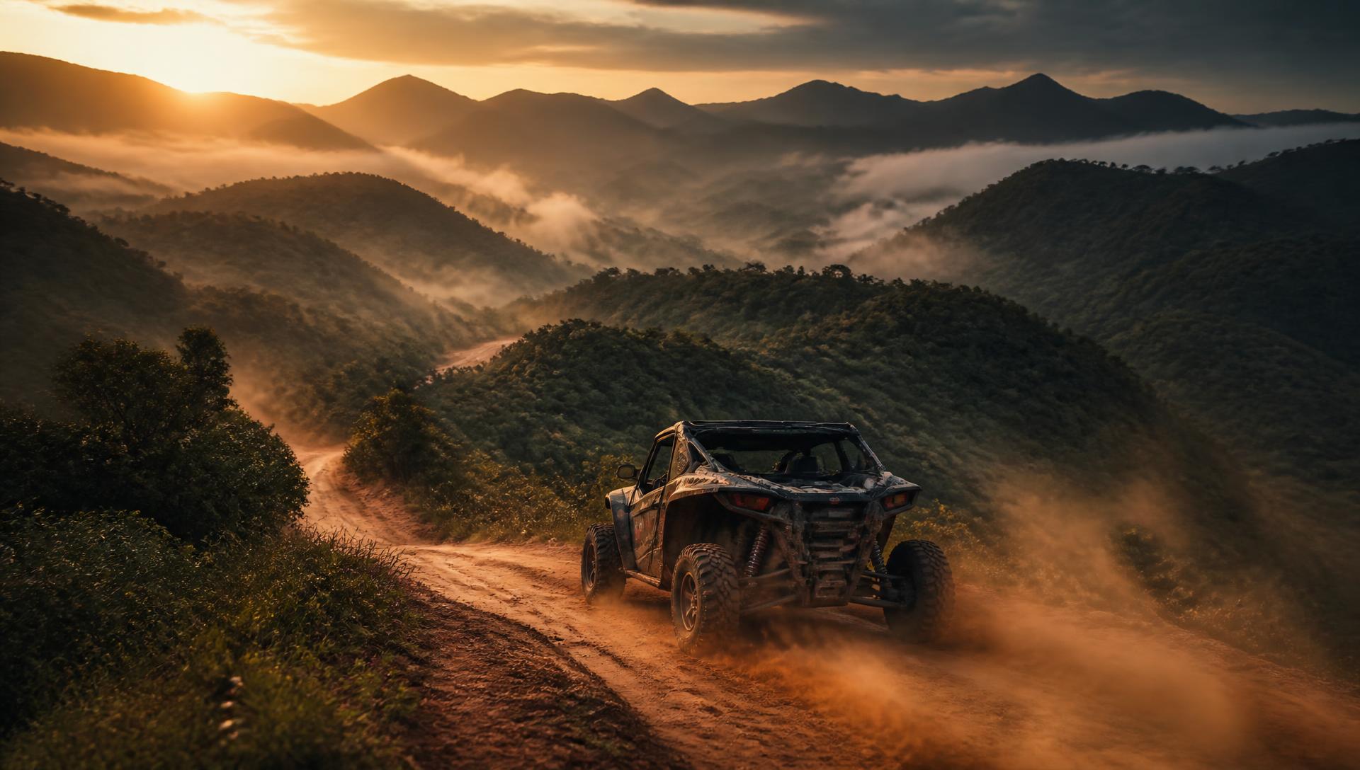 Bugue subindo trilha de terra na serra ao pôr do sol