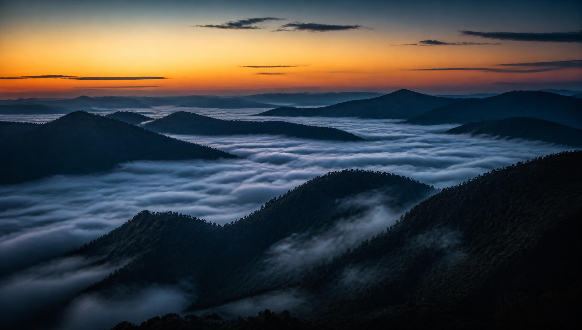Camadas de montanhas emergindo de um mar de nuvens ao amanhecer